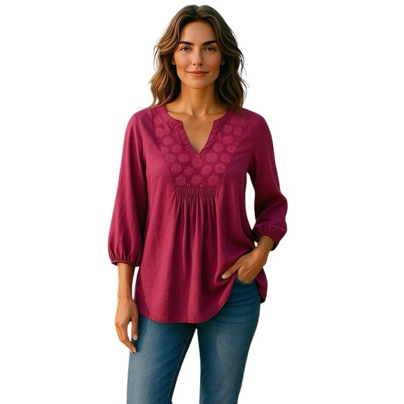 Soft Surroundings V Neck Pleated Relaxed Front Tunic 3/4 Sleeve Pink Women’s 2X - Picture 1 of 9